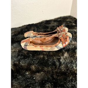 Burberry Brown Leather Canvas Nova Check Three Buckle Ballet Flats Shoes 9.5